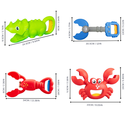 Child using a green critter grabbing toy, developing fine motor skills in the backyard