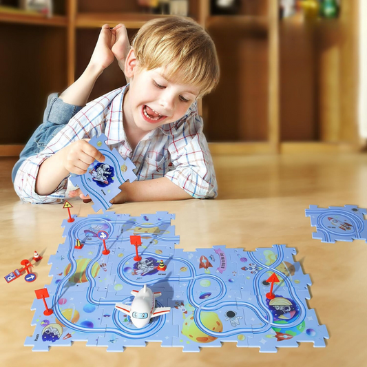 Kids' customizable race track building set, vibrant colors, for creative play & problem solving ages 3+