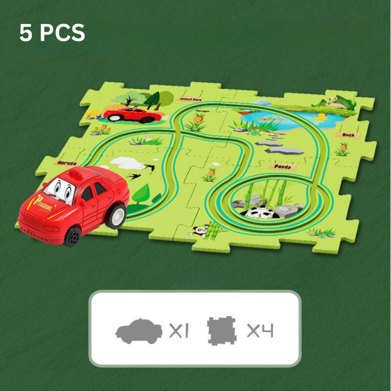 Brightly colored race track building set pieces scattered, ready for creative assembly by kids 3+