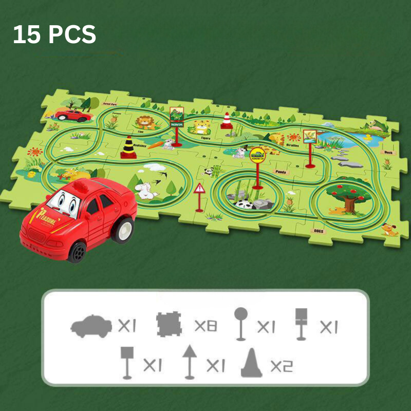 A completed complex kids' race track building set design, demonstrating endless customizable play options
