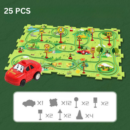 Side view of a child focused on building a unique race track layout, educational and engaging toy