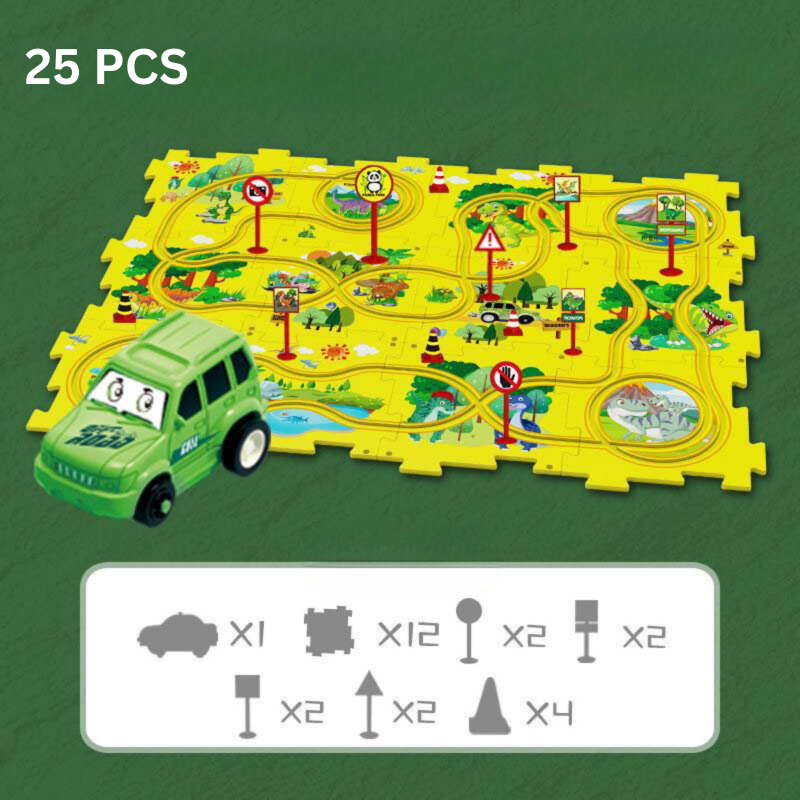 Set of miniature race cars included with the customizable race track building kit for kids' play