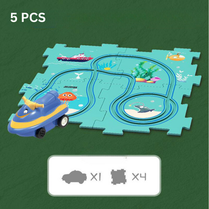 Children's hands sorting colorful race track building set pieces, encouraging organization and creative play