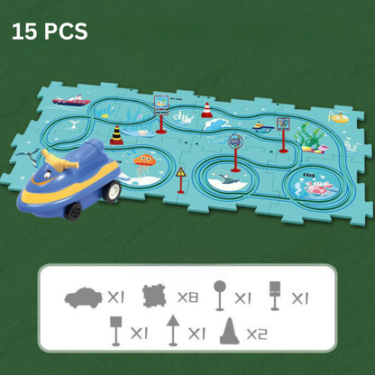 A customizable race track building set displayed against a playful background, perfect educational toy for kids