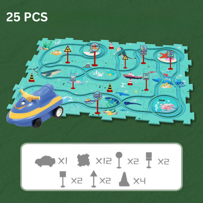 Overhead view of a dynamically built kids' race track with steep curves, promoting imaginative and problem-solving play