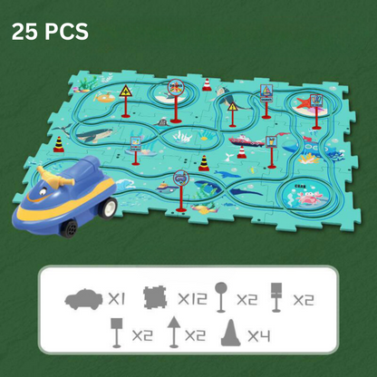 Overhead view of a dynamically built kids' race track with steep curves, promoting imaginative and problem-solving play