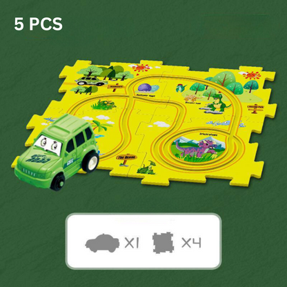 Close-up of interlocking pieces of a customizable race track toy, enhancing problem-solving skills for kids