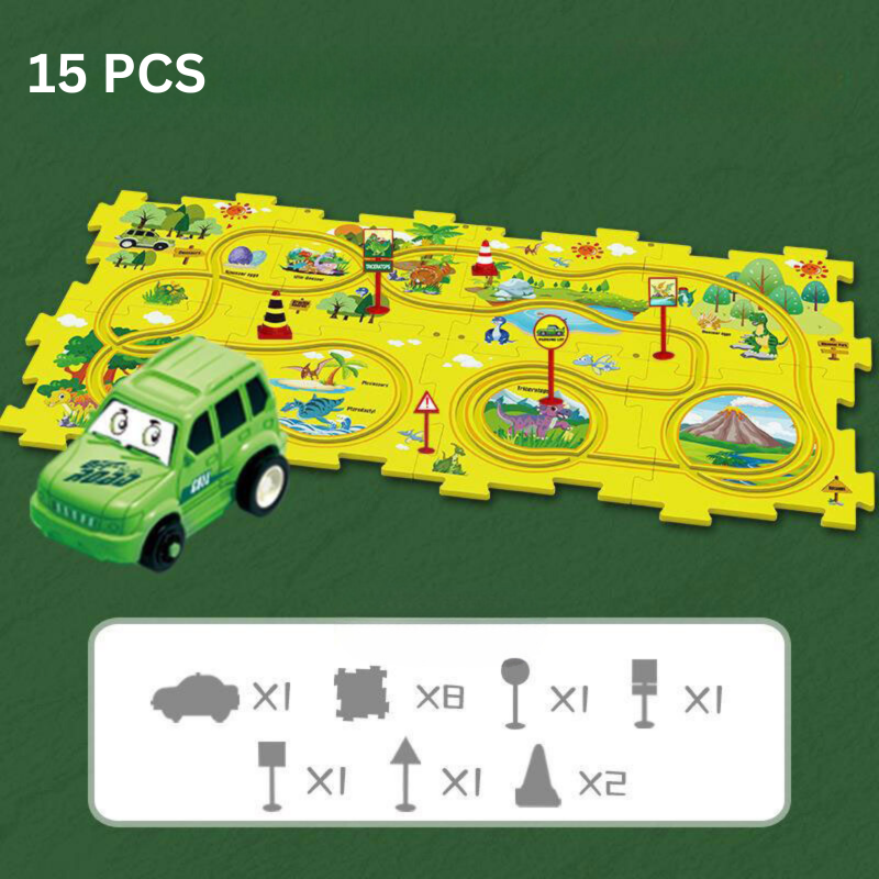 Overhead view of a colorful kids' race track building set with miniature cars, perfect for ages 3+