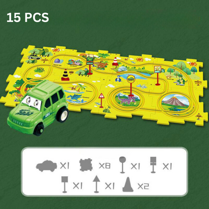 Overhead view of a colorful kids' race track building set with miniature cars, perfect for ages 3+