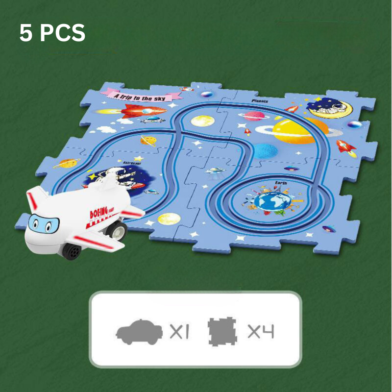 Detailed shot of a race car navigating a kids' customizable building set track, educational & fun toy