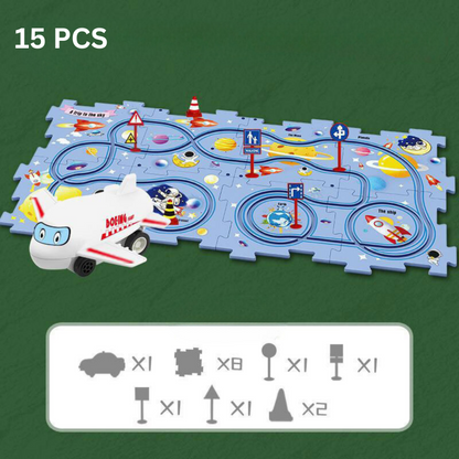 Various configurations of a kids' race track building set, showcasing its customizable and creative play features