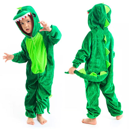 Kids' cute green dinosaur kigurumi costume. Soft animal jumpsuit for fun play, dress-up, & Halloween.