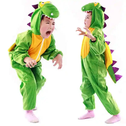 Child's playful dinosaur kigurumi. Cozy animal jumpsuit for role-playing adventures & festive occasions.