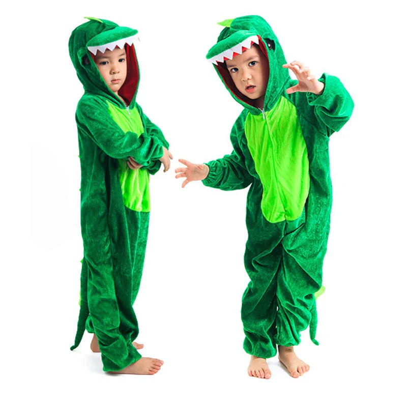 Full-body dinosaur kigurumi costume for kids. Ideal for Halloween, dress-up, and comfortable playwear.