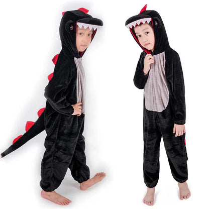 Kids' comfy dinosaur kigurumi jumpsuit. Adorable animal costume for playtime, parties & cozy moments.