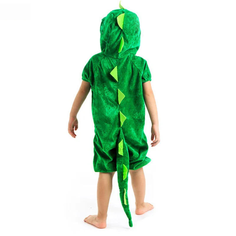 Green dinosaur kigurumi with tail for kids. A fun costume jumpsuit for dress-up, play, and Halloween.