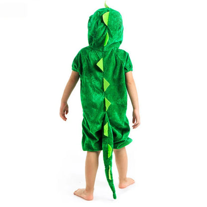 Green dinosaur kigurumi with tail for kids. A fun costume jumpsuit for dress-up, play, and Halloween.
