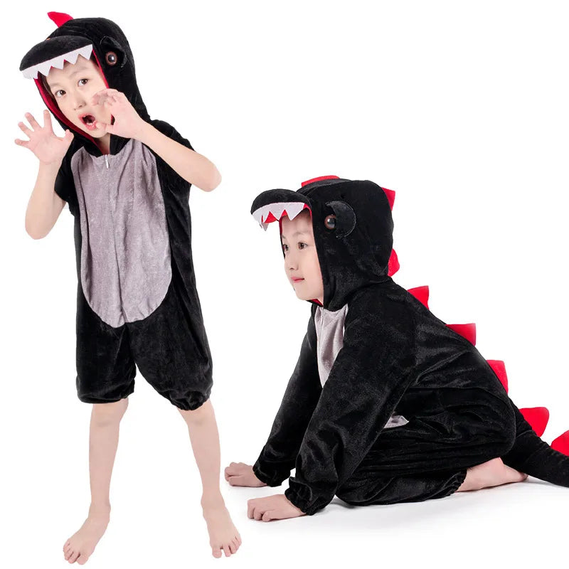 Playful dinosaur kigurumi costume, side view. Children's animal jumpsuit for comfy dress-up & parties.