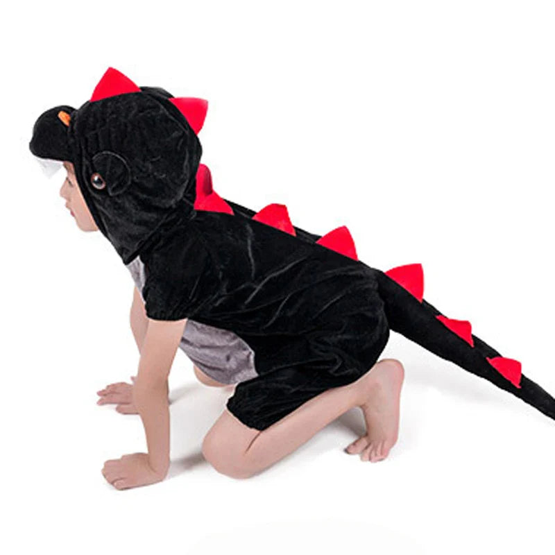 Kids' cozy dinosaur kigurumi. Comfortable animal costume for role play, parties, and everyday wear.