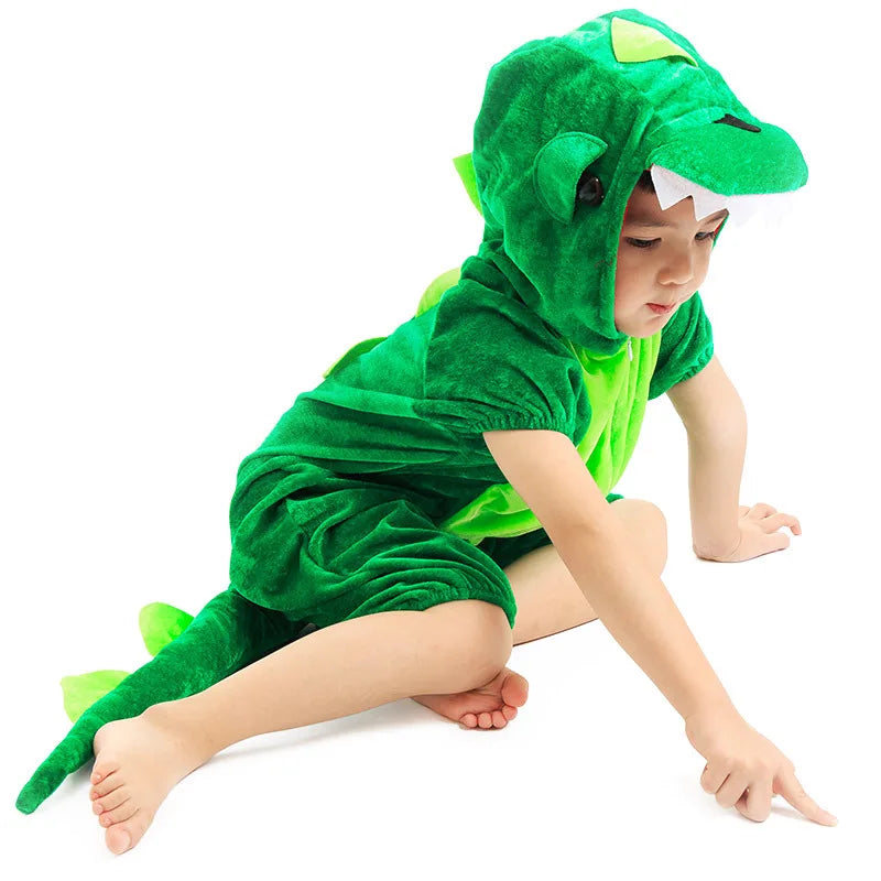 Little one's dinosaur kigurumi. Soft animal costume, great for dress-up, fun play, and baby clothing.