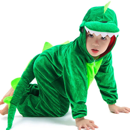 Dinosaur-themed kigurumi costume with hood for kids. Fun outfit for play, parties, and comfortable wear.