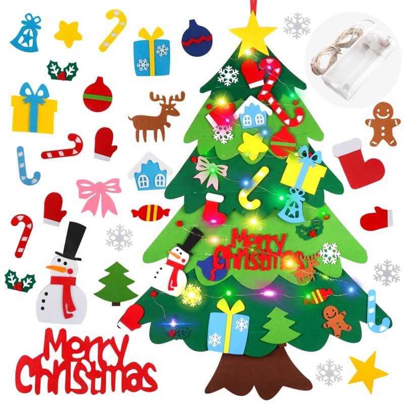 Kids decorating DIY felt Christmas tree with LED lights & detachable ornaments, fun holiday craft for children.