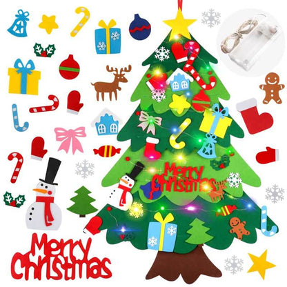Kids decorating DIY felt Christmas tree with LED lights & detachable ornaments, fun holiday craft for children.