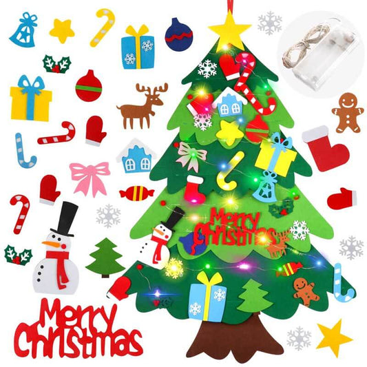 Kids decorating DIY felt Christmas tree with LED lights & detachable ornaments, fun holiday craft for children.