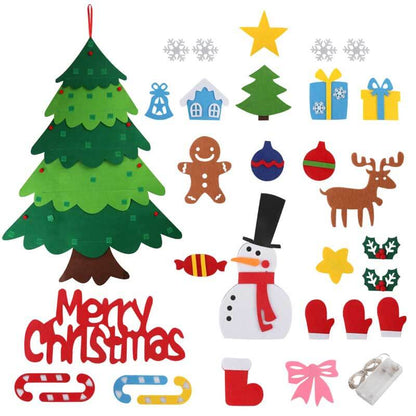 Interactive felt Christmas tree DIY kit, perfect for kids' creative play with LED lights and colorful ornaments.