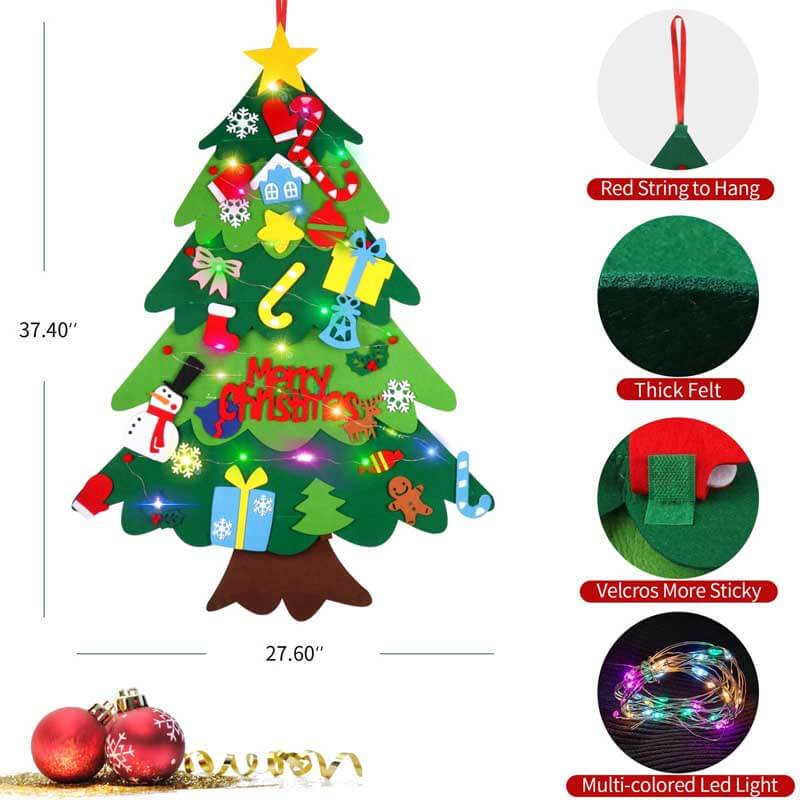 Brightly lit DIY felt Christmas tree with various detachable ornaments, a festive kids' craft & holiday decor.