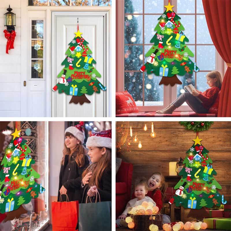 Sorting & stacking toy: Felt Christmas tree kit for kids with LED lights, festive detachable ornaments.