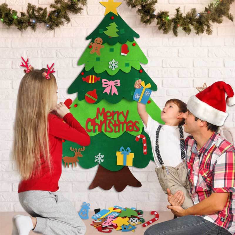 Holiday DIY felt Christmas tree with LED lights and a set of assorted detachable ornaments for kids' craft.