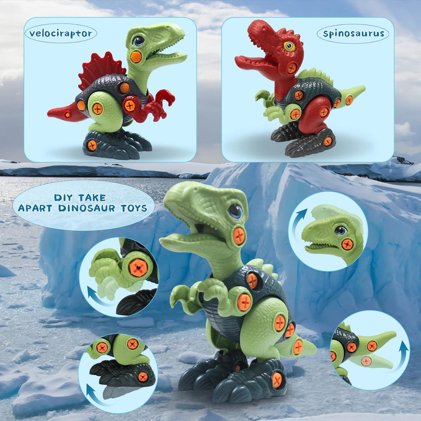 Colorful dinosaur construction set, a STEM toy for children, enhancing problem-solving and fine motor skills.