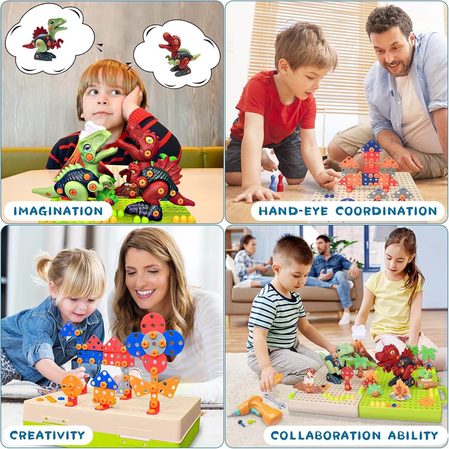 Child actively engaged with Dino Drill & Design Building Toy Set, drilling pieces onto a plastic dinosaur.