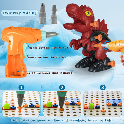 Close-up of a child's hands assembling the dinosaur building blocks, showcasing detailed plastic toy pieces.