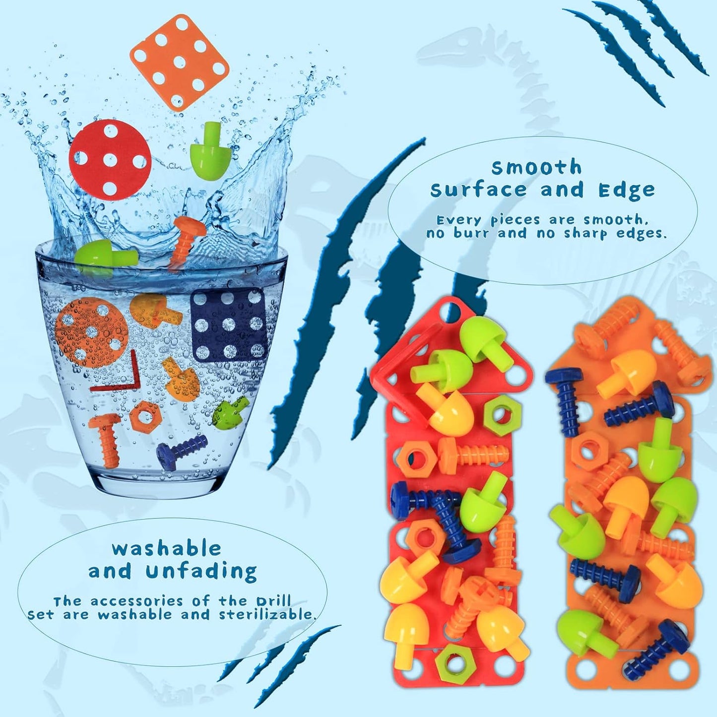 Complete Kids' Dino Drill & Design Building Toy Set, displaying all tools and dinosaur parts for construction.