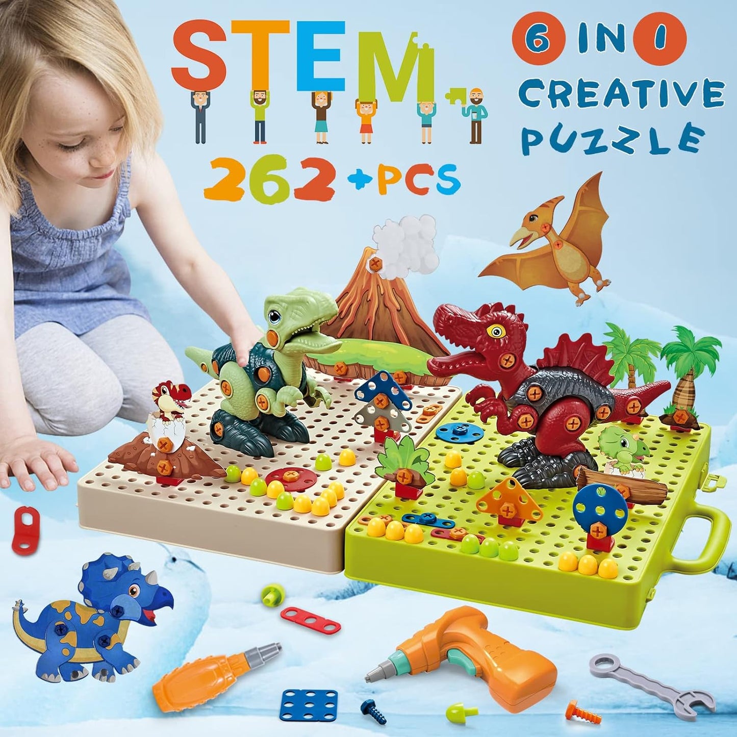 Various plastic dinosaur parts and colorful screws from the Dino Drill & Design Set, spread out for assembly.