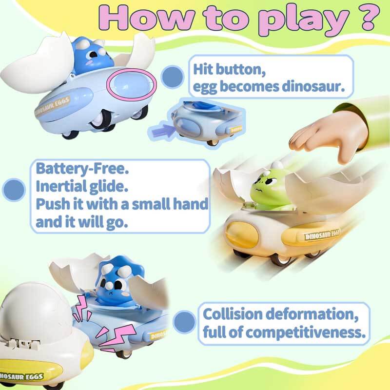 Preschooler playing with a dinosaur egg toy car, hands-on educational activity, STEM toy