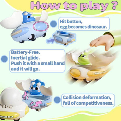 Preschooler playing with a dinosaur egg toy car, hands-on educational activity, STEM toy