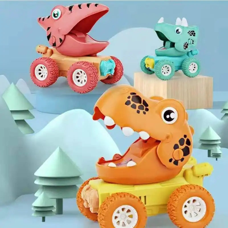 Kids' Dino Monster Truck, green Tyrannosaurus Rex toy car with large wheels, side view, push & go action