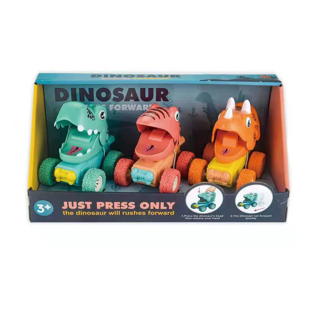 Set of 3 Kids' Dino Monster Truck toys: green T-Rex, blue Triceratops, red Stegosaurus, high angle, durable
