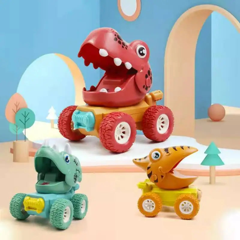 Child's hand pushing a blue Triceratops Dino Monster Truck toy car on wooden floor, dynamic play action
