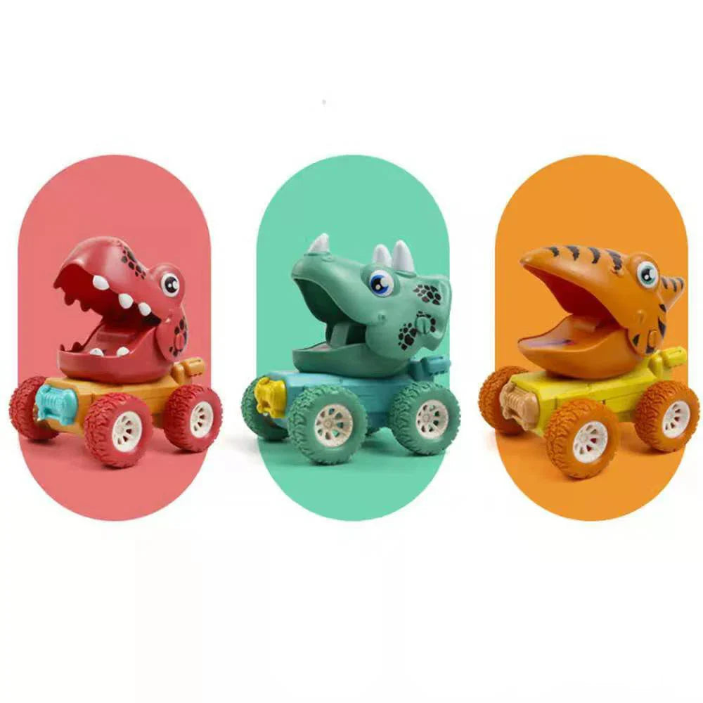 Assorted Kids' Dino Monster Truck toys lined up, ready for push & go action, vibrant colors, children's gift