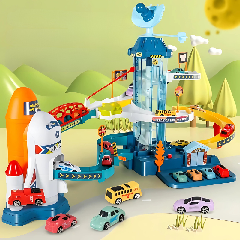 Kids' Dino & Space Adventure Race Track Toy with colorful dinosaur and spaceship cars, perfect for toddlers