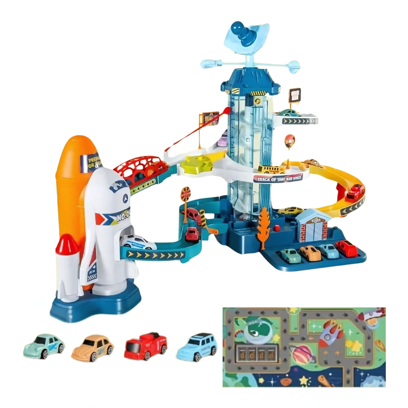 Toddler playing with Kids' Dino & Space Adventure Race Track, a fun childrens game with dinosaurs and rockets