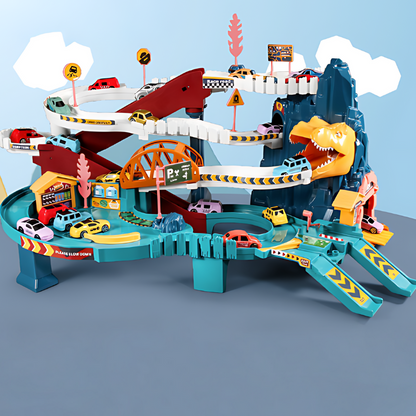 Kids DinoRush Adventure Race Track Set with multiple cars, dinosaur figures, and colorful track pieces for interactive play