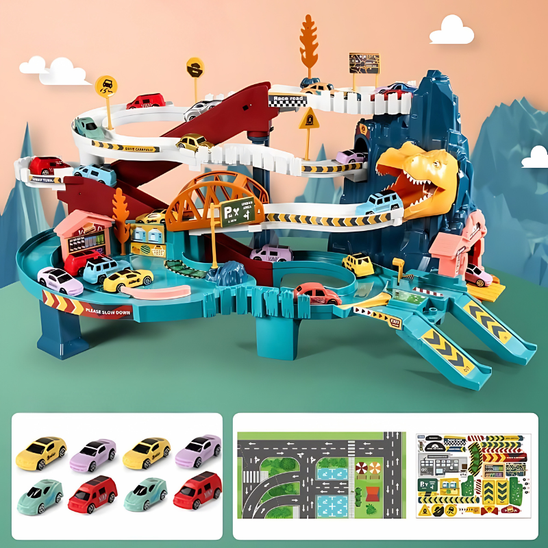 Overhead view of the complete Kids DinoRush Adventure Race Track Set setup, showing cars racing through dinos