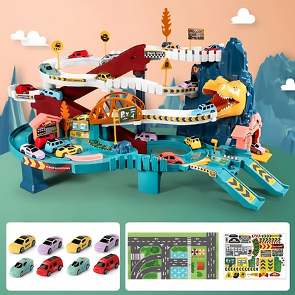 Overhead view of the complete Kids DinoRush Adventure Race Track Set setup, showing cars racing through dinos