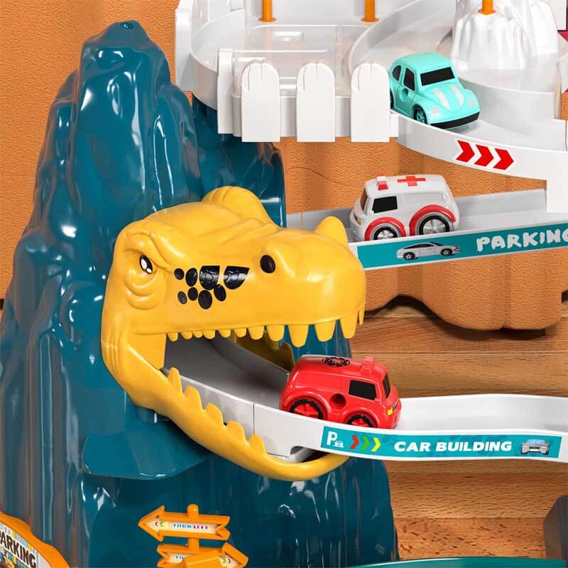 Dinosaur themed race track set for kids with multiple toy cars, engaging developmental toy for boys girls