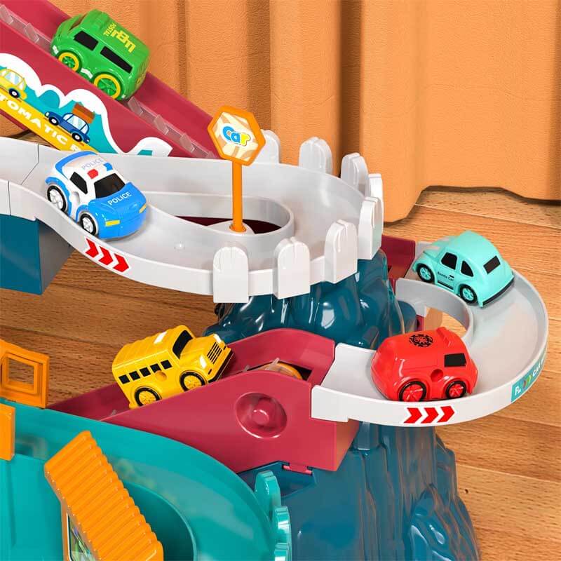 Preschool kids playing with a dinosaur adventure race track set, enhancing motor skills